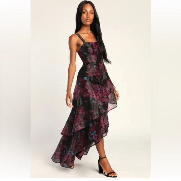 Lulus Dresses & Skirts - EUC Lulu’s Extravaganza Energy Black Floral Print Organza High-Low Dress